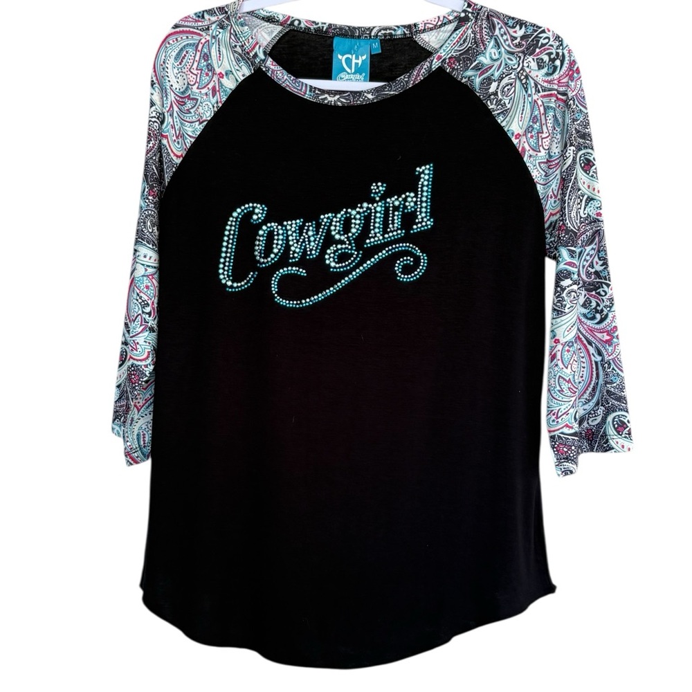 Cowgirl Hardware Rhinestone Logo Raglan Top with Paisley Sleeves Shirt Size M